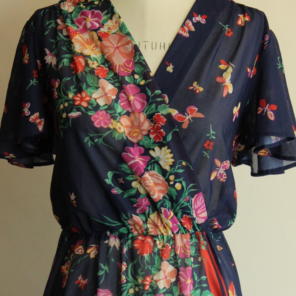 Vintage 1970s Dress, Blue Floral Boho Dress with Butterfly Sleeves, Romantic - Picture 3 of 10